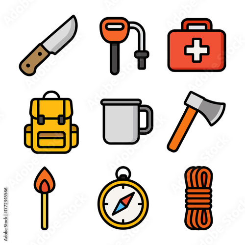 Camping essentials: knife, first aid kit, compass, backpack, axe, mug, match, rope, water filter.
