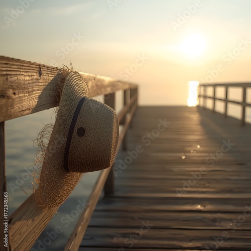 Summer’s Echo, Faded Straw Hat Hanging on an Empty Pier at Sunset, Warm Golden Light and Calm Sea, Nostalgic and Minimal Seaside Scene