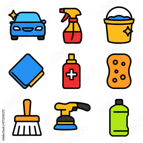 Colorful car wash icons set: detailing tools and supplies.