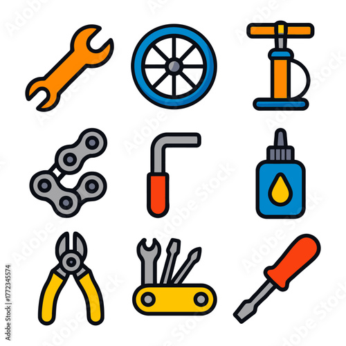 Bicycle repair tools: wrench, wheel, pump, chain, allen key, glue, pliers, multitool, screwdriver.