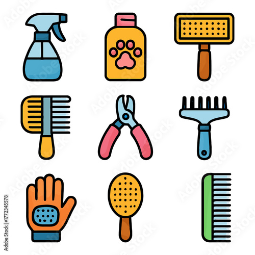 Colorful pet grooming tools collection featuring brushes, clippers, and shampoo.