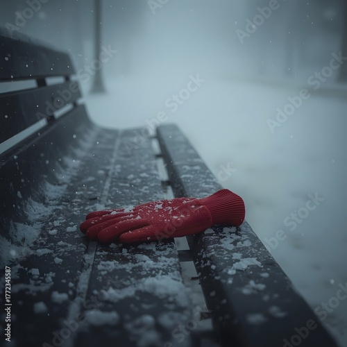 Winter’s Memory, Forgotten Red Glove on a Snow-Covered Bench in a Quiet Park, Misty Morning Light, Emotional and Minimalist Winter Scene
