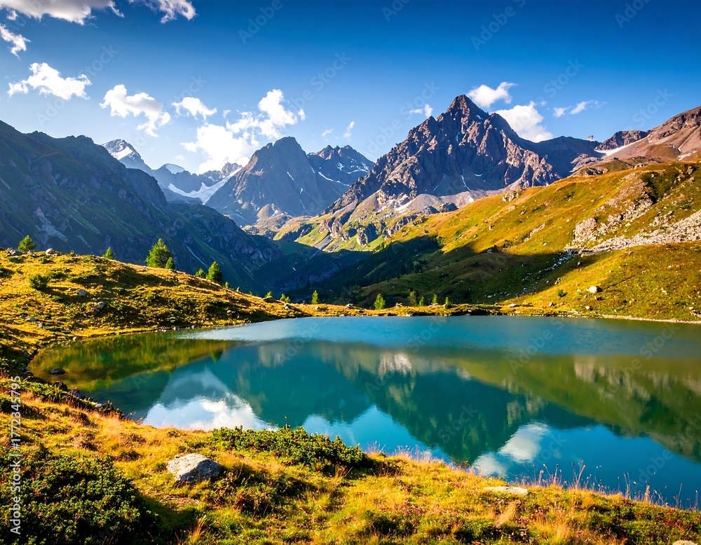 Obraz premium Picturesque alpine lake reflecting dramatic peaks under a bright blue sky
