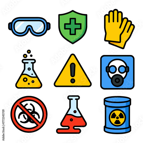 Safety equipment and hazard symbols: goggles, gloves, masks, biohazard icons.