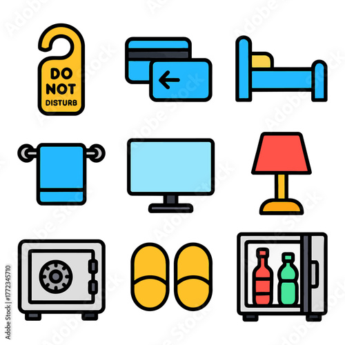 Hotel room essentials: do not disturb sign, key cards, bed, towel, tv, lamp, safe, slippers, mini fridge.