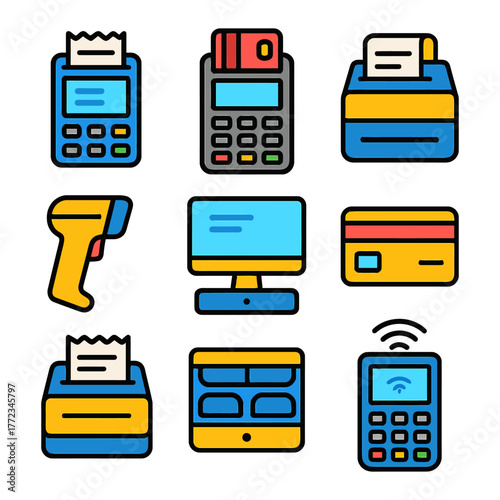 Colorful retail icons including pos, barcode scanner, and credit card.