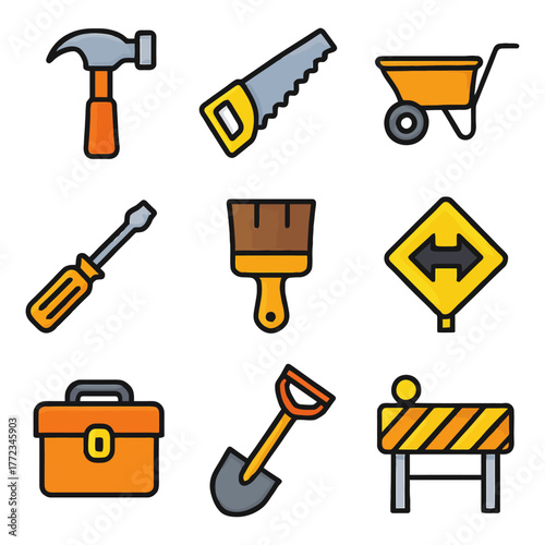 Colorful construction tools icons set including hammer, saw, wheelbarrow, and more.