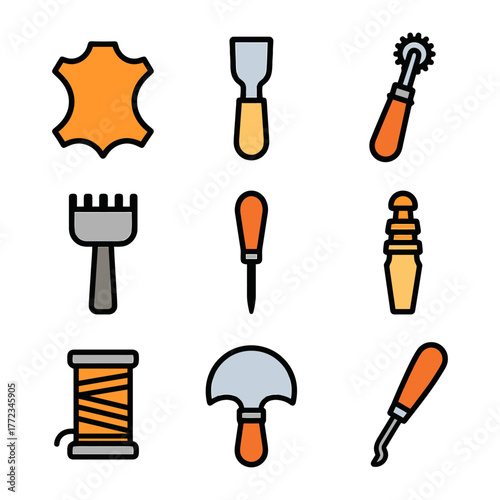 Assorted leatherworking tools and equipment for crafting and design.