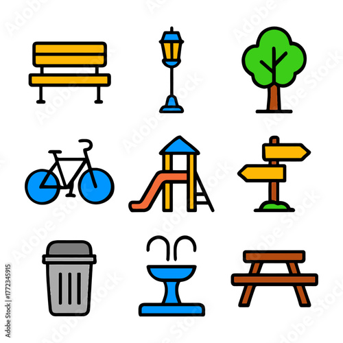 Colorful park icons set including bench, tree, bike, playground, and lamp post illustrations.