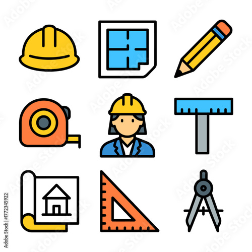 Construction and architecture tools with female engineer.