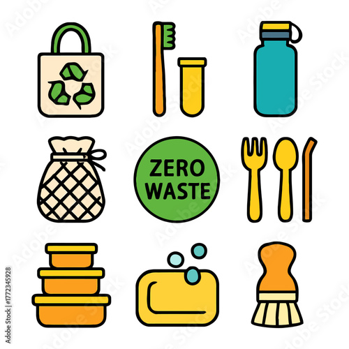 Eco-friendly zero waste essentials icons: reusable bags, bamboo utensils, sustainable products.