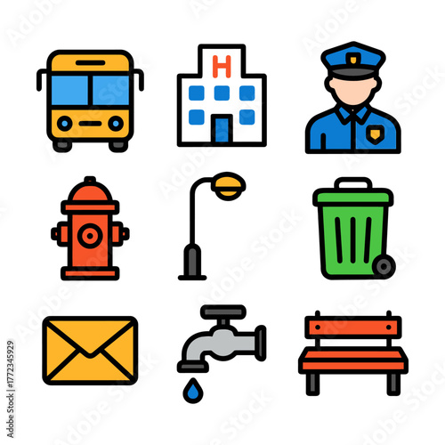 Colorful icons of transportation, healthcare, safety, and utilities.