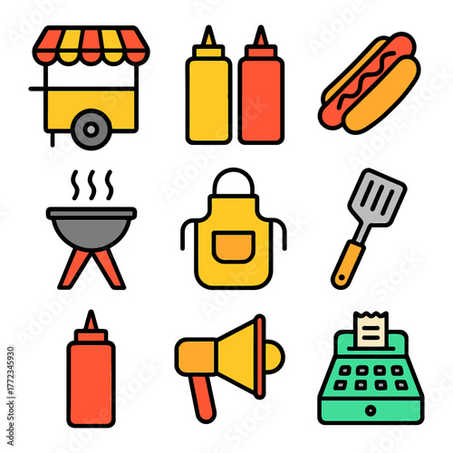 Colorful bbq icons: hot dog, grill, apron, condiments, and cash register.