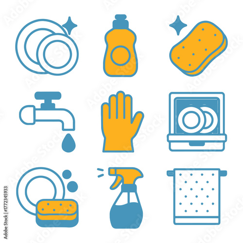 Kitchen cleaning: dishes, soap, sponge, faucet, dishwasher, spray bottle, towel.