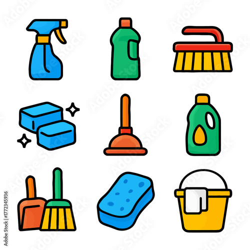 Colorful cartoon cleaning supplies set with broom, detergent, sponge, and bucket.