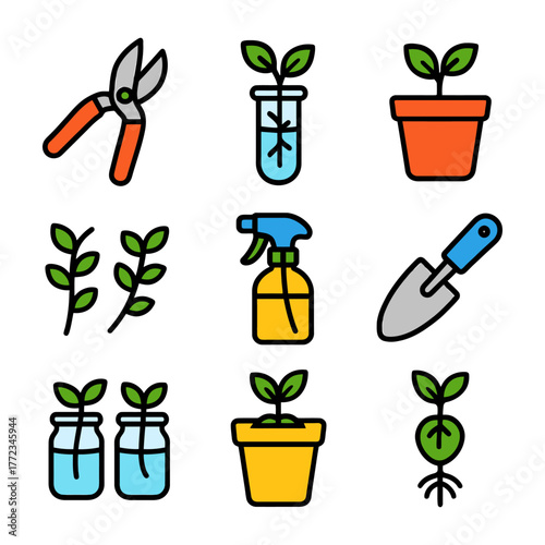 Colorful garden tools and plants icon set including pruners, test tubes, and pots.