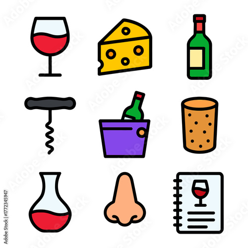 Wine and cheese icons: glass, bottle, corkscrew, cheese, and more.