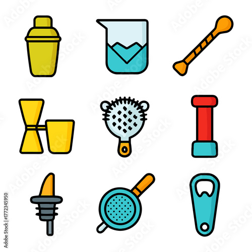 Colorful cocktail tools collection featuring shaker, jigger, strainer, and bottle opener.