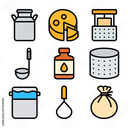 Icons of cheese making process with milk, cheese, and tools.