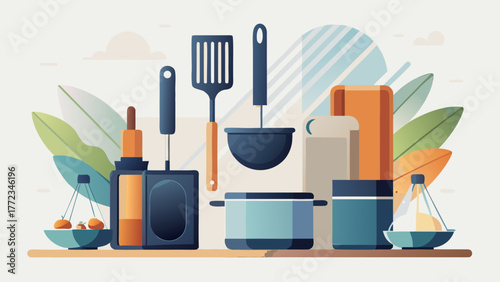 Vector illustration of a minimalist cooking utensils set including saucepan, frying pan, spatula, whisk, ladle, cutting board, and knife arranged neatly on a clean white background
