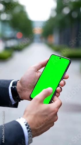 Wallpaper Mural Hands hold phone with green screen on urban background, watch visible Torontodigital.ca