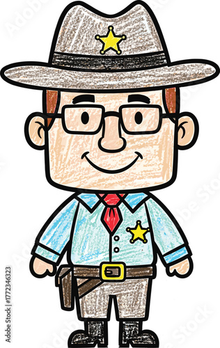 Cartoon Sheriff Ready for Duty: Friendly Lawman with Star Badge in Western Setting for Children's Education & Safety Presentation (Hand-Drawn, Colorful, Optimistic, Illustration) Up to 200 Characters