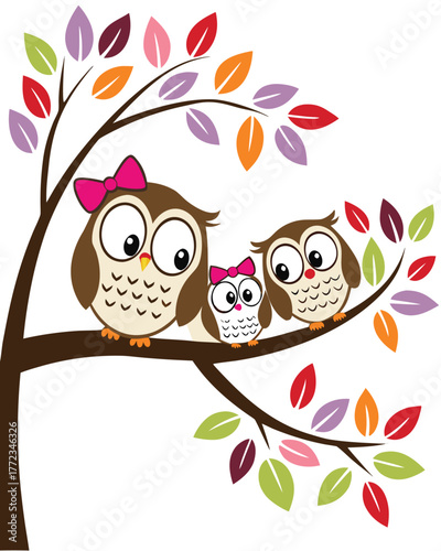 Cute Owl Family Sitting on Tree Branch – Cartoon Woodland Animals Illustration for Kids and Nursery Decor