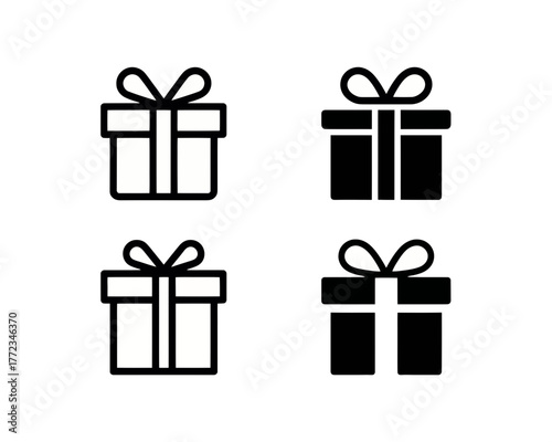 Four gift box icons arranged in a grid pattern with two outline and two solid fill styles present here