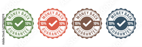 Four money back guarantee badges with different colors and ten percent offers in a row on white background