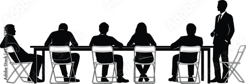 Business meeting silhouette vector, corporate teamwork illustration, leadership pose artwork, office conference design, cad drawing flat vector illustration