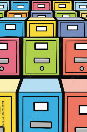 Colorful Storage Boxes Stacked In Rows For Organization And Filing With White Labels