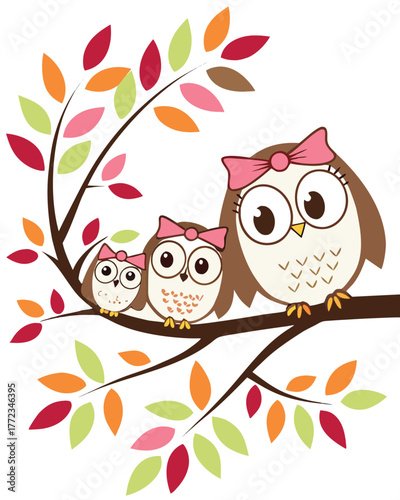 Cute Owl Family Sitting on Tree Branch – Cartoon Woodland Animals Illustration for Kids and Nursery Decor
