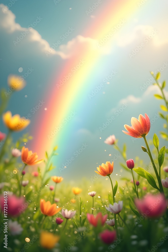 Obraz premium AI Generative. Vibrant Meadow with Wildflowers Under a Bright Sky and Colorful Rainbow. 2