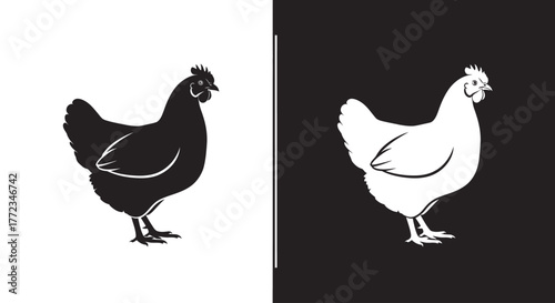 A graphic illustration of a chicken silhouette presented in two contrasting versions, black on white and white on black.
