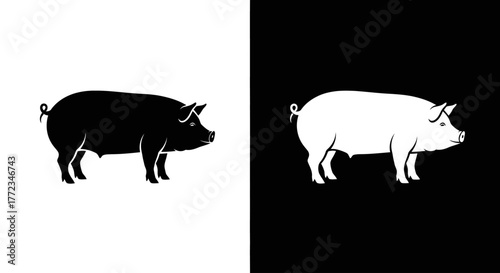 A black pig silhouette on a white background next to a white pig silhouette on a black background.