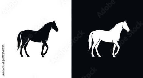A split design with a black horse silhouette on a white background and a white horse on a black background.
