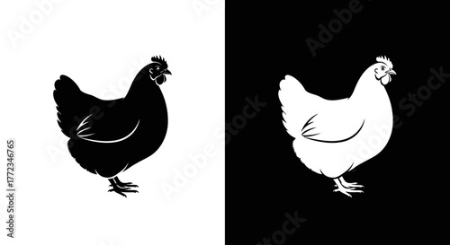 A minimalist black and white graphic illustration of two hens, one black on white and one white on black.