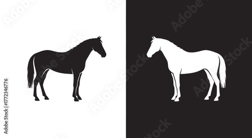 A minimalist graphic with a black horse silhouette on a white background and a white horse silhouette on a black background.