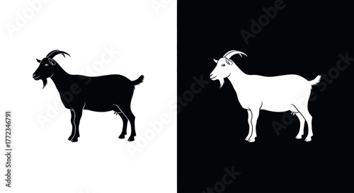 A minimalist graphic illustration of two goats, one black on white and one white on black, in a split-screen design.