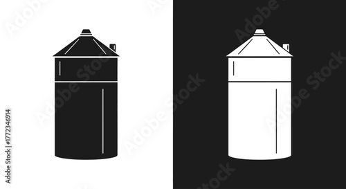 A minimalist graphic illustration of a farm silo for grain storage, presented as both a black and a white icon.