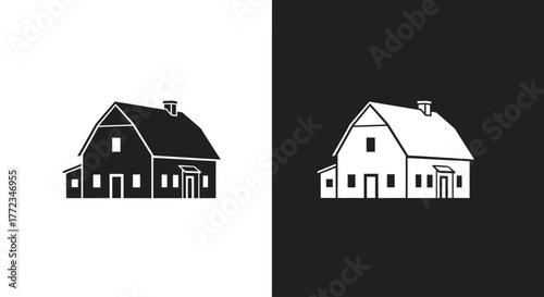 A simple black and white graphic illustration of a rustic barn or farmhouse, shown in both positive and negative space versions.