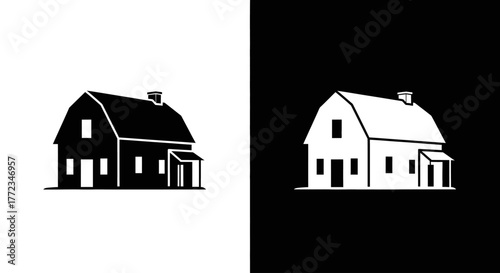 A simple black and white graphic icon of a traditional farmhouse or barn, shown in positive and negative space.