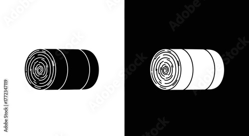 A black and white icon set featuring a rolled-up sleeping bag or mat, shown in positive and negative space.