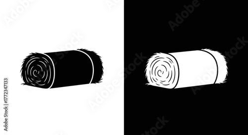 A simple black and white icon set of a round hay bale, shown in both positive and negative space.