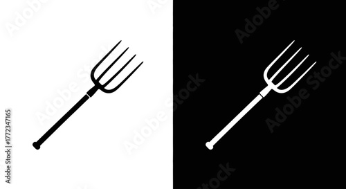 A minimalist icon of a farming pitchfork, presented in both black on white and white on black variations.