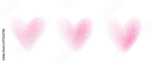 Hearts y2k pink soft halftone icons. Grain noise blush purple gradient dots dust shapes. Retro stippling simple forms set. Vector spray paint love symbols shapes illustration.