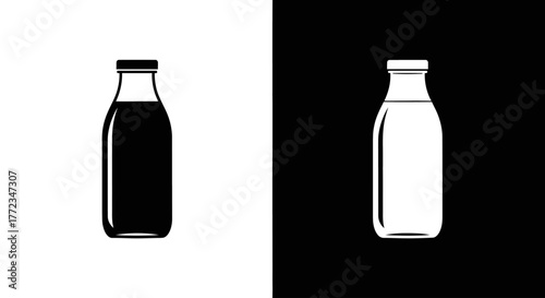 A minimalist graphic illustration of two milk bottles, one black on a white background and its inverse, white on a black background.