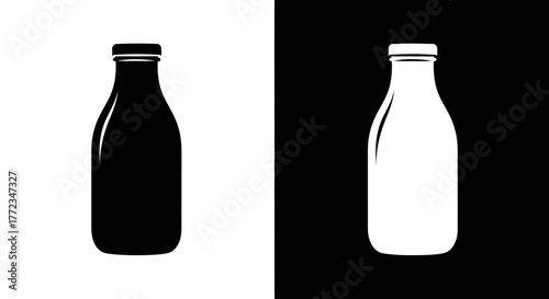 Contrasting black and white silhouettes of classic milk bottles against opposite colored backgrounds.