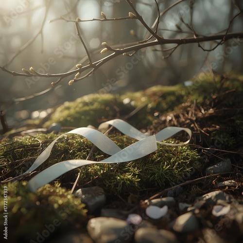 Spring’s Whisper, Faded Ribbon on Mossy Stones in a Misty Spring Forest, Gentle Light and Pastel Colors, Nostalgic and Minimal Nature Scene