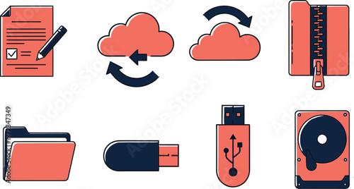 Digital file and folder icon set for students featuring assignments, cloud sync, zip folder, USB, and drive in minimal white background